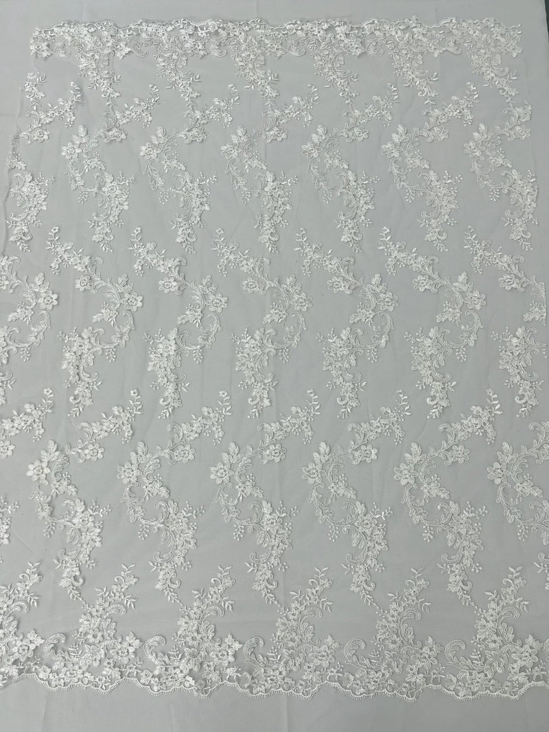 Floral Cluster Fabric - White - Embroidered Floral Lace w/ Sequins on a Mesh Lace By Yard