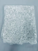 Floral Cluster Fabric - White - Embroidered Floral Lace w/ Sequins on a Mesh Lace By Yard