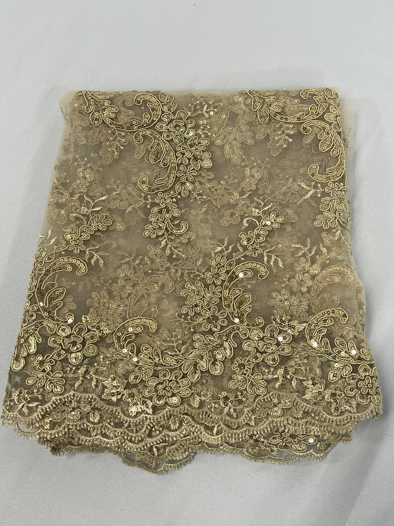 Floral Cluster Fabric - Champagne - Embroidered Floral Lace w/ Sequins on a Mesh Lace By Yard