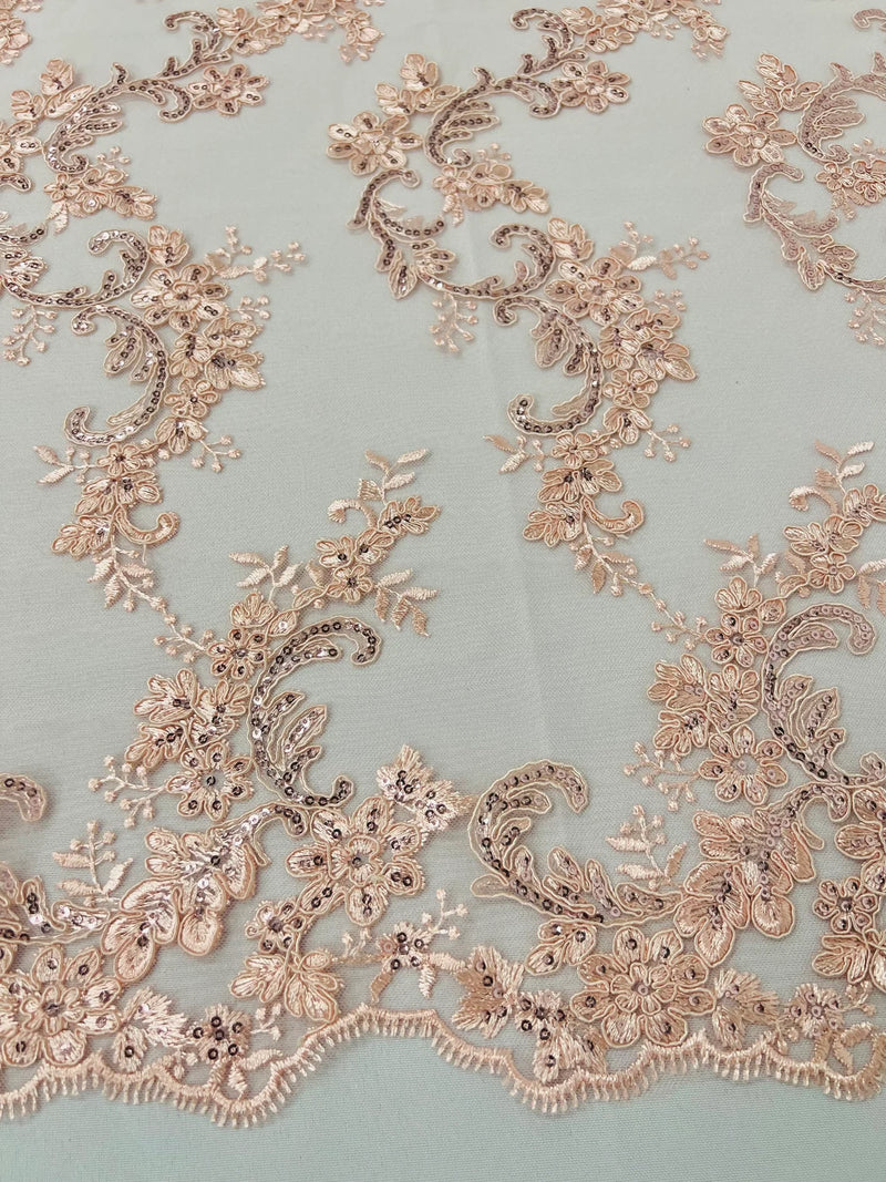 Floral Cluster Fabric - Blush - Embroidered Floral Lace w/ Sequins on a Mesh Lace By Yard