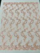 Floral Cluster Fabric - Blush - Embroidered Floral Lace w/ Sequins on a Mesh Lace By Yard