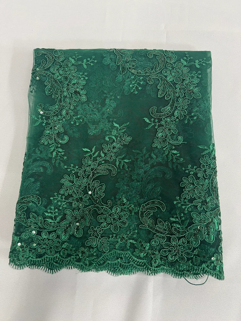 Floral Cluster Fabric - Hunter Green - Embroidered Floral Lace w/ Sequins on a Mesh Lace By Yard