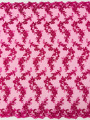 Floral Cluster Fabric - Fuschia - Embroidered Floral Lace w/ Sequins on a Mesh Lace By Yard