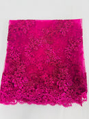 Floral Cluster Fabric - Fuschia - Embroidered Floral Lace w/ Sequins on a Mesh Lace By Yard