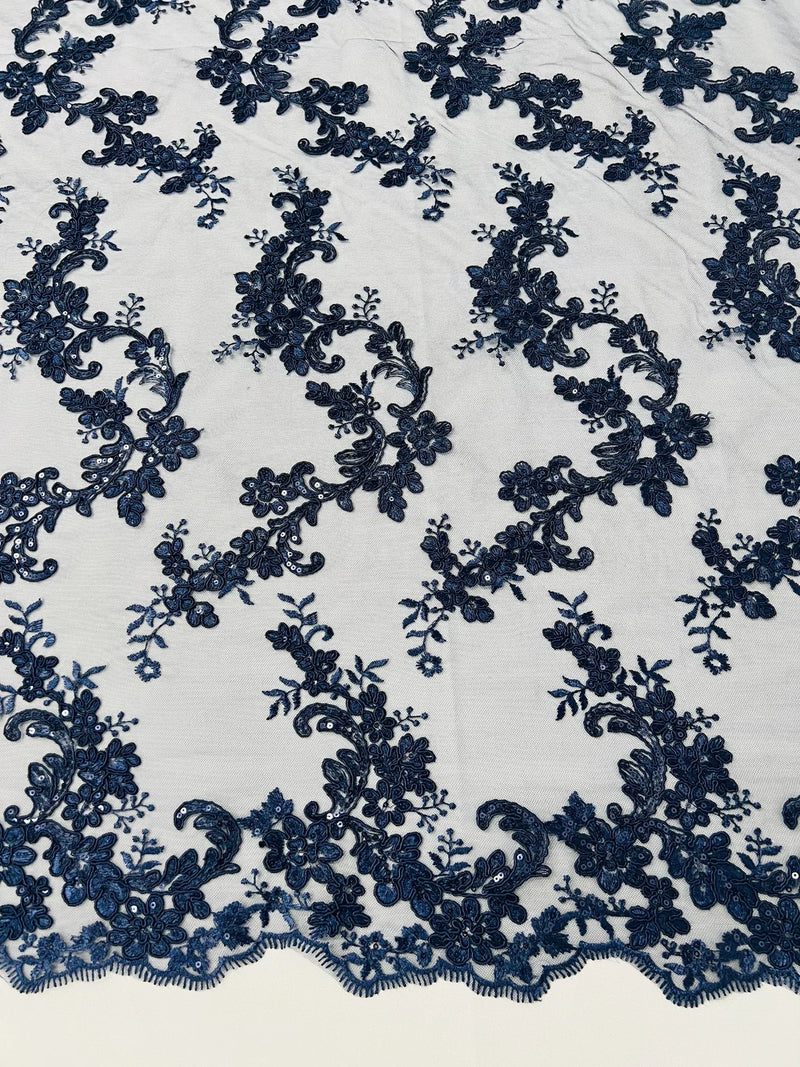 Floral Cluster Fabric - Navy Blue - Embroidered Floral Lace w/ Sequins on a Mesh Lace By Yard
