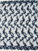 Floral Cluster Fabric - Navy Blue - Embroidered Floral Lace w/ Sequins on a Mesh Lace By Yard