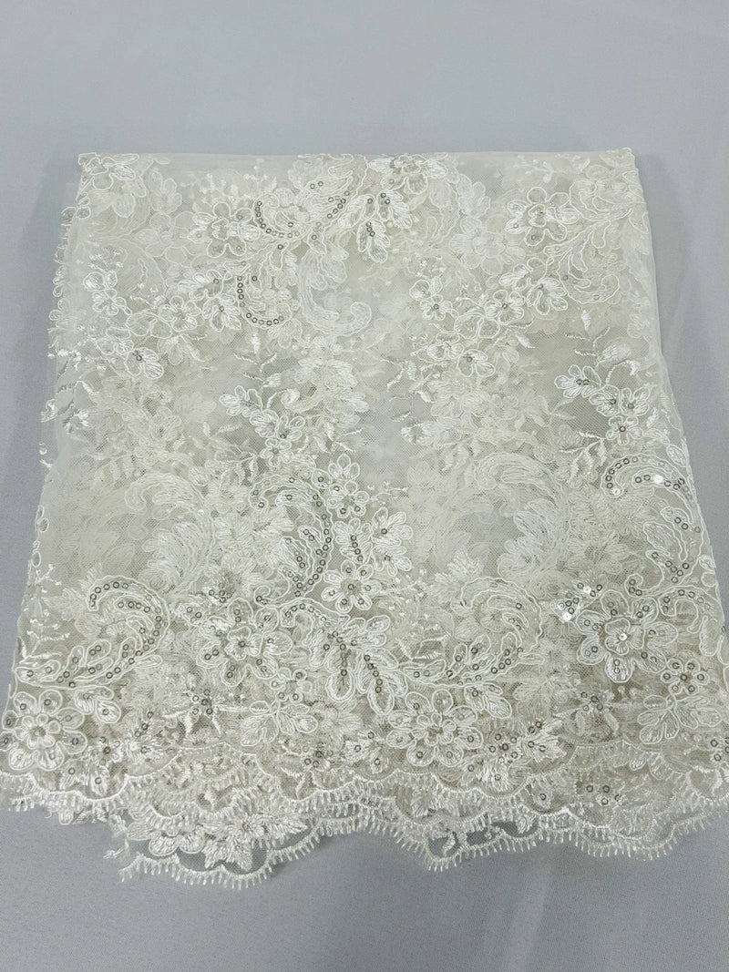 Floral Cluster Fabric - Ivory - Embroidered Floral Lace w/ Sequins on a Mesh Lace By Yard
