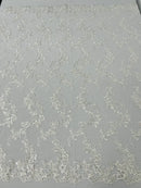 Floral Cluster Fabric - Ivory - Embroidered Floral Lace w/ Sequins on a Mesh Lace By Yard