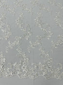 Floral Cluster Fabric - Ivory - Embroidered Floral Lace w/ Sequins on a Mesh Lace By Yard
