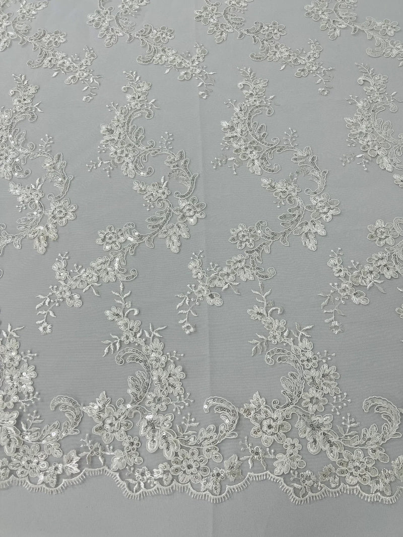 Floral Cluster Fabric - Ivory - Embroidered Floral Lace w/ Sequins on a Mesh Lace By Yard