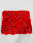 Floral Cluster Fabric - Red - Embroidered Floral Lace w/ Sequins on a Mesh Lace By Yard