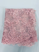 Floral Cluster Fabric - Pink - Embroidered Floral Lace w/ Sequins on a Mesh Lace By Yard
