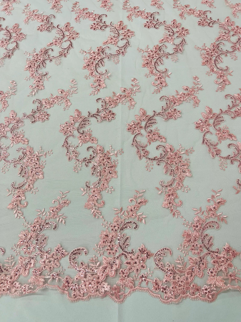 Floral Cluster Fabric - Pink - Embroidered Floral Lace w/ Sequins on a Mesh Lace By Yard