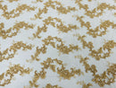 Floral Cluster Fabric - Gold - Embroidered Floral Lace w/ Sequins on a Mesh Lace By Yard