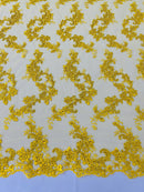 Floral Cluster Fabric - Yellow - Embroidered Floral Lace w/ Sequins on a Mesh Lace By Yard