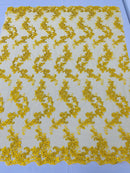 Floral Cluster Fabric - Yellow - Embroidered Floral Lace w/ Sequins on a Mesh Lace By Yard