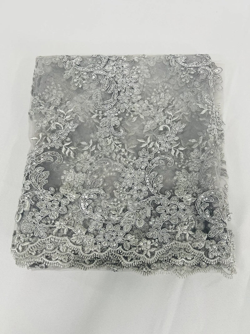 Floral Cluster Fabric - Silver - Embroidered Floral Lace w/ Sequins on a Mesh Lace By Yard