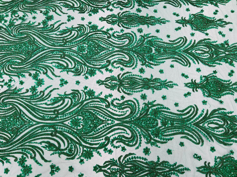 Luxury Beaded Design - Green - Sold By Yard Floral Fabric Embroidered w/ Pearls-Beads on Mesh Lace