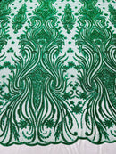 Luxury Beaded Design - Green - Sold By Yard Floral Fabric Embroidered w/ Pearls-Beads on Mesh Lace