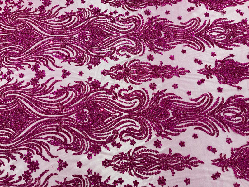 Luxury Beaded Design - Magenta - Sold By Yard Floral Fabric Embroidered w/ Pearls-Beads on Mesh Lace