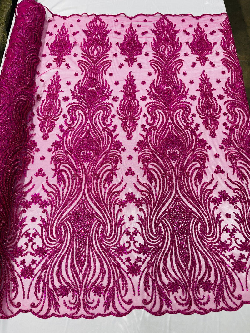 Luxury Beaded Design - Magenta - Sold By Yard Floral Fabric Embroidered w/ Pearls-Beads on Mesh Lace