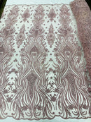 Luxury Beaded Design - Rose - Sold By Yard Floral Fabric Embroidered w/ Pearls-Beads on Mesh Lace
