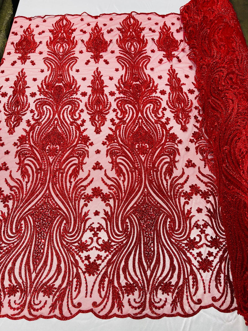 Luxury Beaded Design - Red - Sold By Yard Floral Fabric Embroidered w/ Pearls-Beads on Mesh Lace