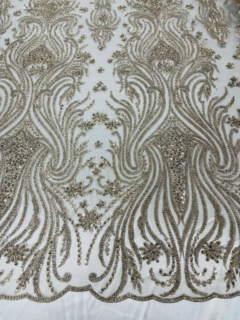 Luxury Beaded Design - Taupe - Sold By Yard Floral Fabric Embroidered w/ Pearls-Beads on Mesh Lace