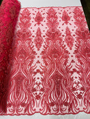 Luxury Beaded Design - Coral - Sold By Yard Floral Fabric Embroidered w/ Pearls-Beads on Mesh Lace