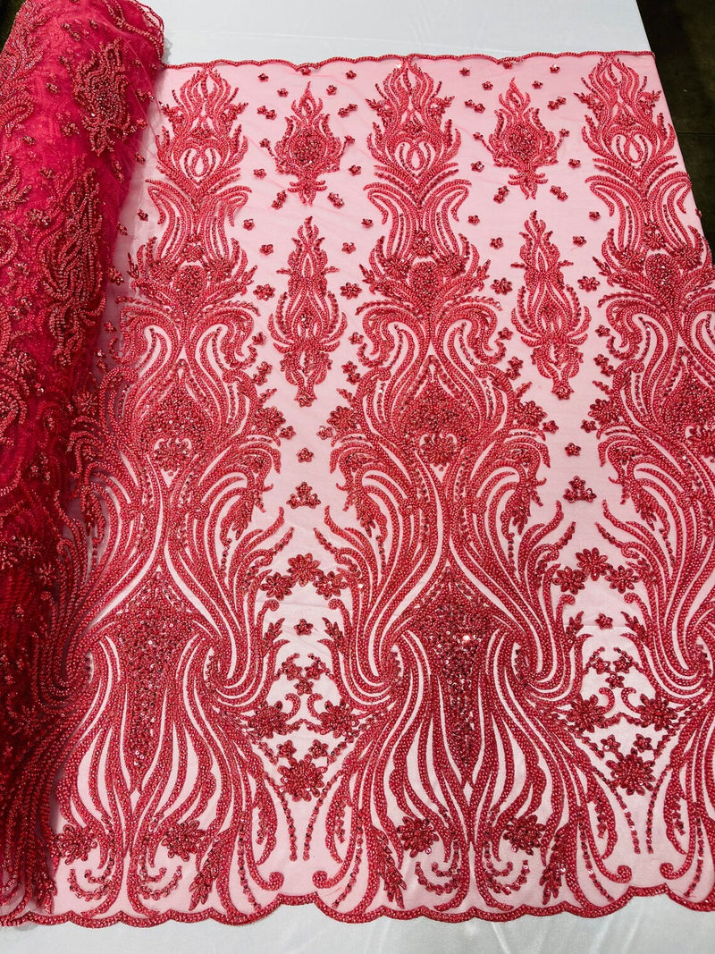 Luxury Beaded Design - Coral - Sold By Yard Floral Fabric Embroidered w/ Pearls-Beads on Mesh Lace
