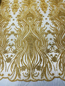 Luxury Beaded Design - Gold - Sold By Yard Floral Fabric Embroidered w/ Pearls-Beads on Mesh Lace