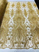 Luxury Beaded Design - Gold - Sold By Yard Floral Fabric Embroidered w/ Pearls-Beads on Mesh Lace