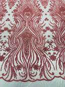 Luxury Beaded Design - Dusty Rose - Sold By Yard Floral Fabric Embroidered w/ Pearls-Beads on Mesh Lace