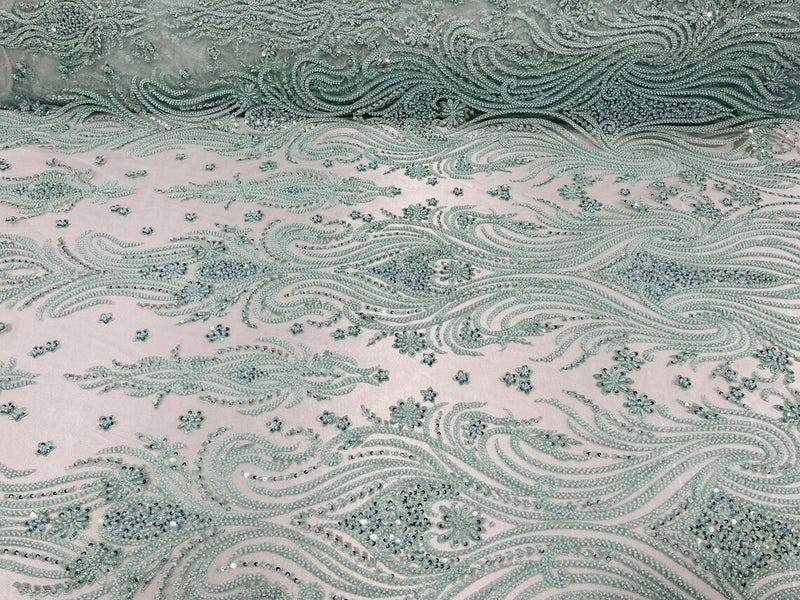 Luxury Beaded Design - Mint - Sold By Yard Floral Fabric Embroidered w/ Pearls-Beads on Mesh Lace