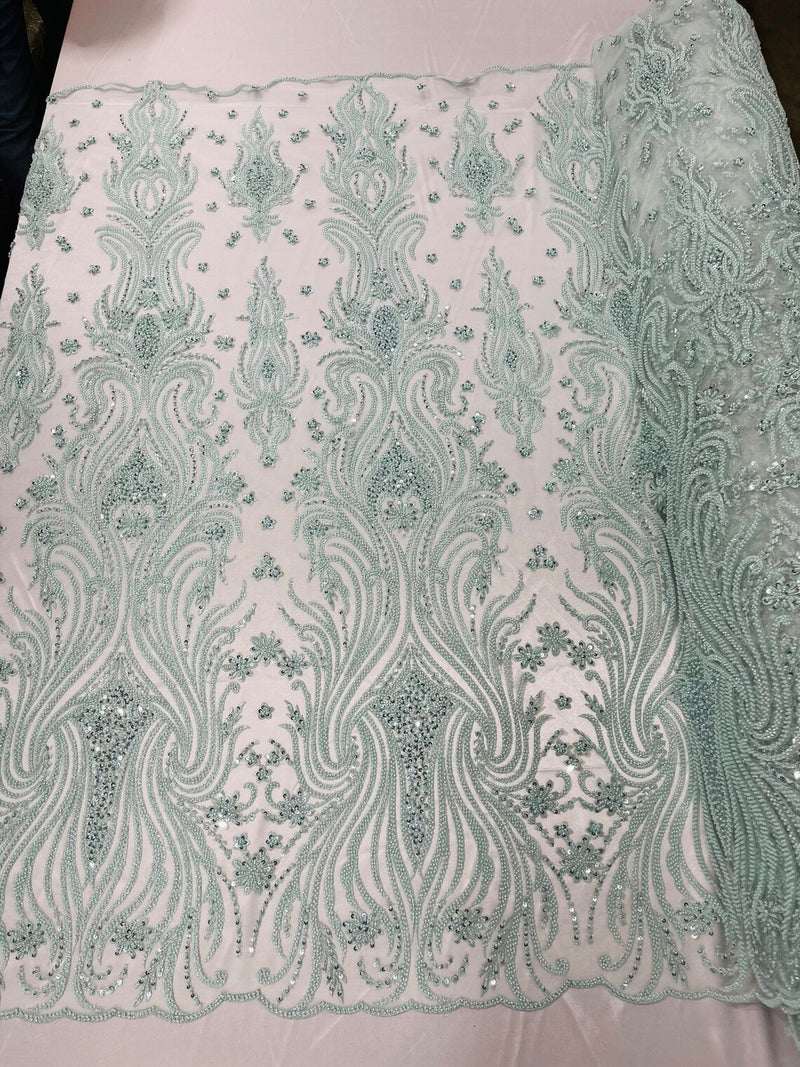 Luxury Beaded Design - Mint - Sold By Yard Floral Fabric Embroidered w/ Pearls-Beads on Mesh Lace