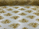 Floral Cluster Bead Fabric - Gold - Embroidered Flowers with Beads on Mesh Fabric Sold By Yard