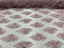 Floral Cluster Bead Fabric - Rose - Embroidered Flowers with Beads on Mesh Fabric Sold By Yard