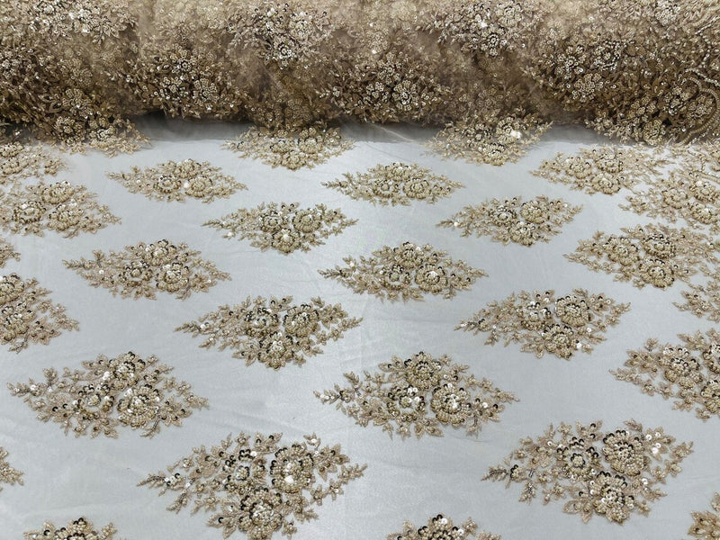 Floral Cluster Bead Fabric - Champagne - Embroidered Flowers with Beads on Mesh Fabric Sold By Yard