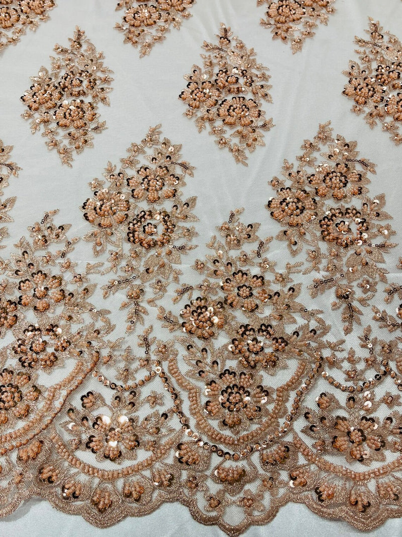 Floral Cluster Bead Fabric - Blush Peach - Embroidered Flowers with Beads on Mesh Fabric Sold By Yard