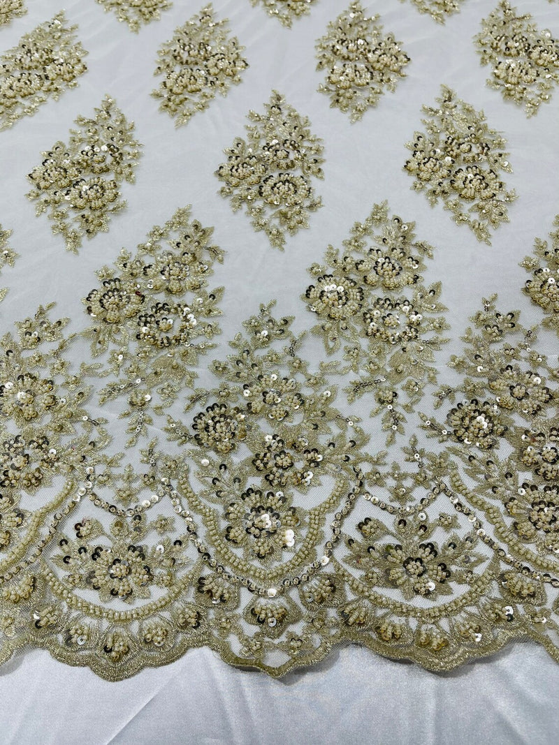 Floral Cluster Bead Fabric - Beige - Embroidered Flowers with Beads on Mesh Fabric Sold By Yard