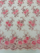 Floral Fabric - Light Pink - Sold By Yard Embroidered Roses With Sequins on a Mesh Lace Fabric