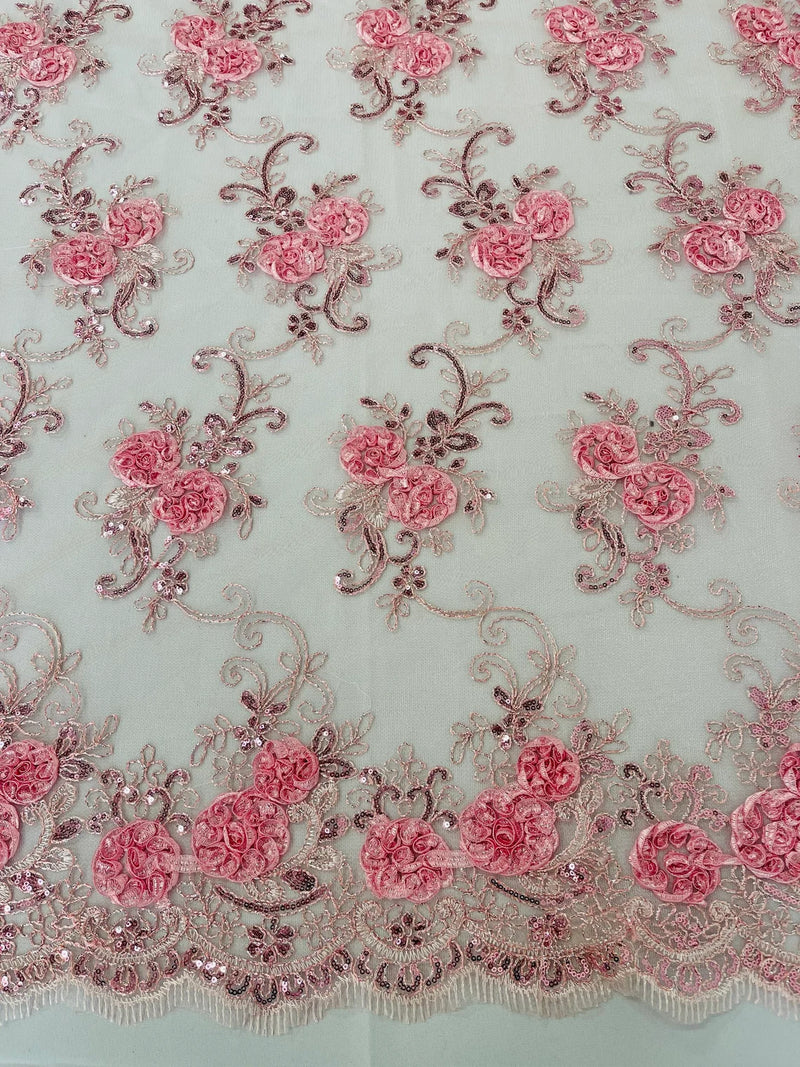 Floral Fabric - Light Pink - Sold By Yard Embroidered Roses With Sequins on a Mesh Lace Fabric