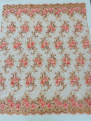 Floral Fabric - Coral Pink - Sold By Yard Embroidered Roses With Sequins on a Mesh Lace Fabric