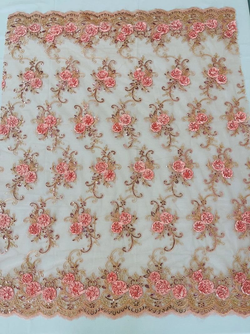 Floral Fabric - Coral Pink - Sold By Yard Embroidered Roses With Sequins on a Mesh Lace Fabric