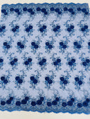 Floral Fabric - Royal Blue - Sold By Yard Embroidered Roses With Sequins on a Mesh Lace Fabric