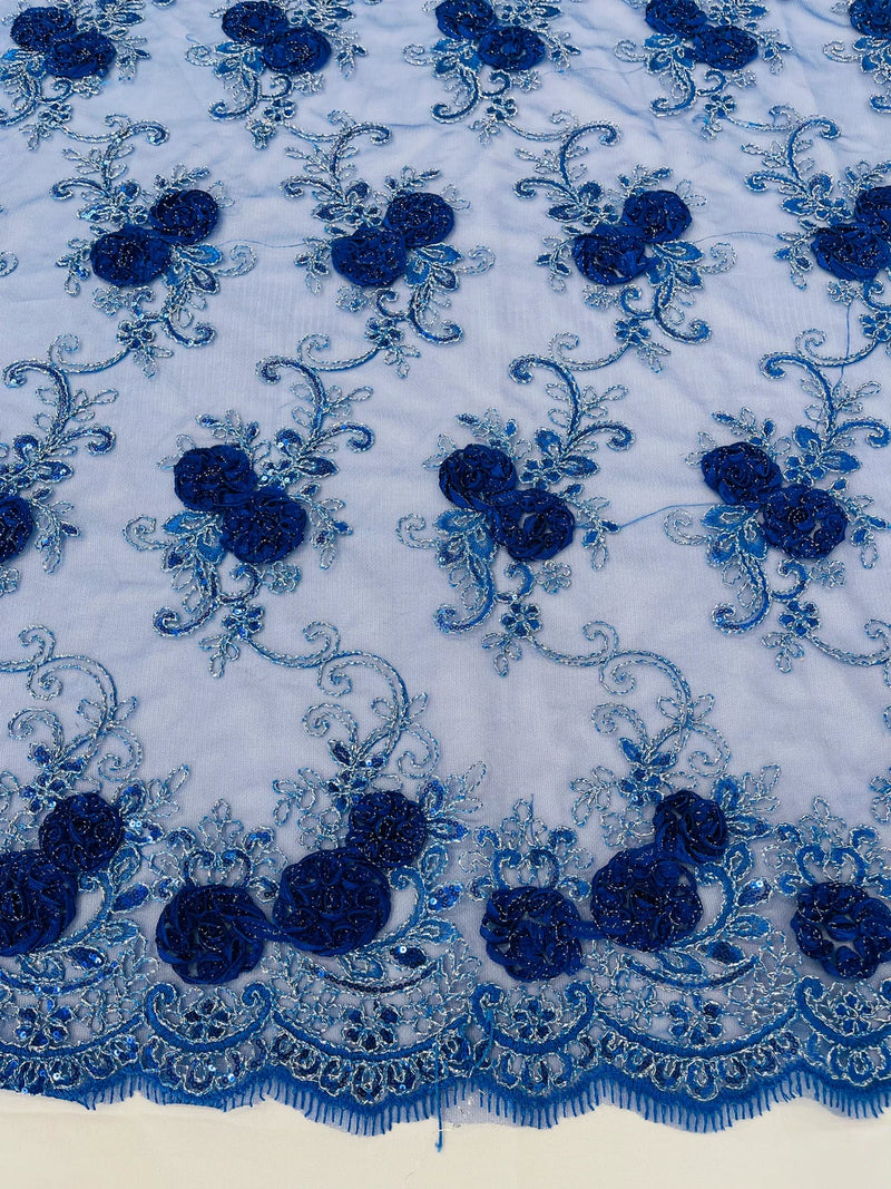 Floral Fabric - Royal Blue - Sold By Yard Embroidered Roses With Sequins on a Mesh Lace Fabric