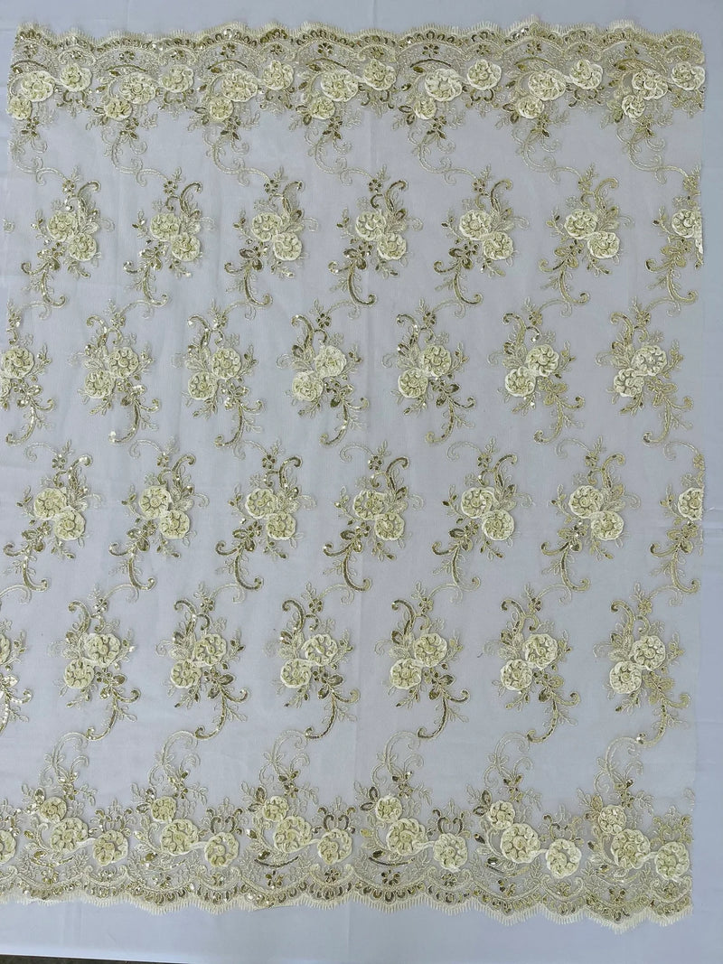 Floral Fabric - Ivory - Sold By Yard Embroidered Roses With Sequins on a Mesh Lace Fabric