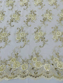 Floral Fabric - Ivory - Sold By Yard Embroidered Roses With Sequins on a Mesh Lace Fabric