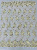 Floral Fabric - Ivory - Sold By Yard Embroidered Roses With Sequins on a Mesh Lace Fabric