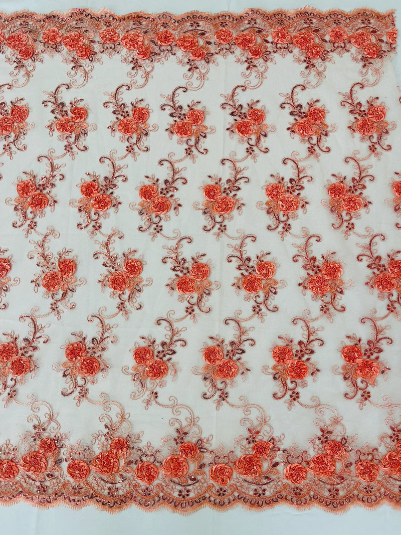 Floral Fabric - Coral with Peach - Sold By Yard Embroidered Roses With Sequins on a Mesh Lace Fabric